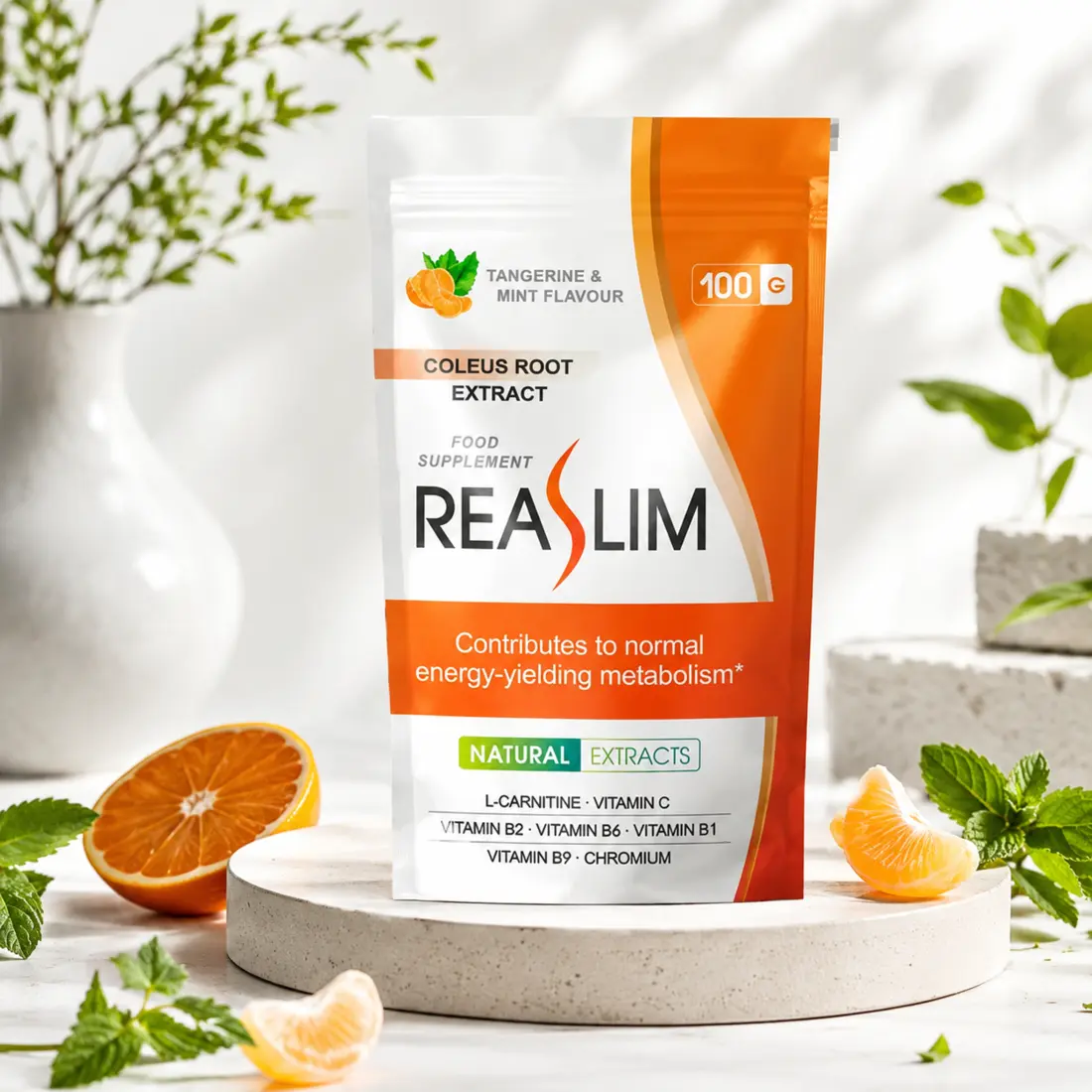 REASLIM sobre pedestal con mandarina y menta